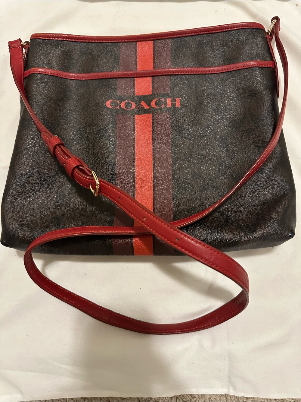 Authentic COACH Brown Signature Crossbody with Red Stripe and Trim